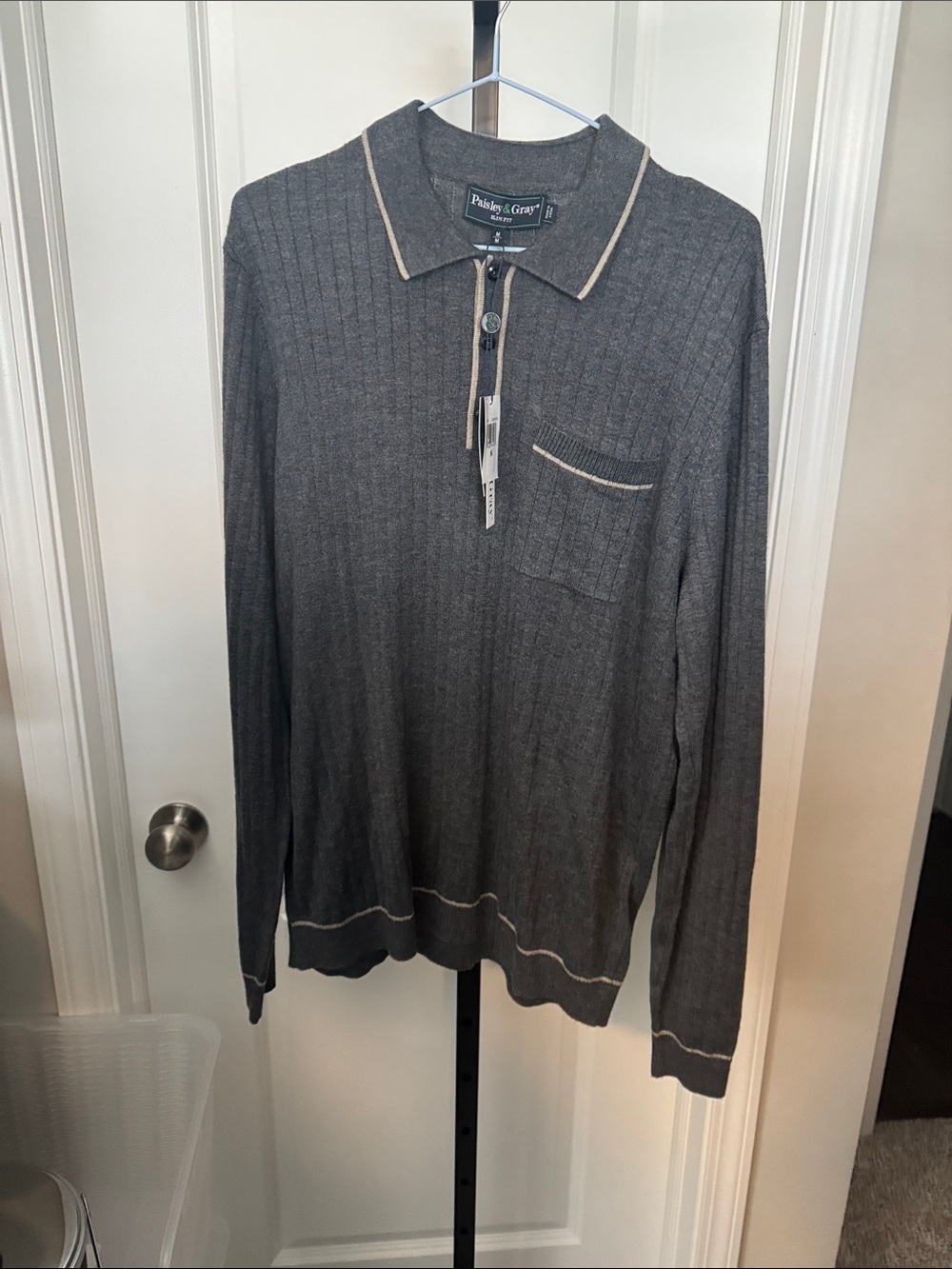 Paisley & Gray Men's Charcoal Ribbed Long-Sleeve Polo with Contrast Trim